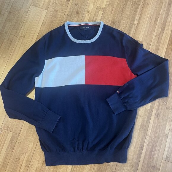Tommy Hilfiger Sweater Men Large Blue Logo Long Sleeve Casual Pullover - Picture 1 of 4